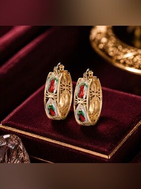 10K Gold & Red Virgin Mary Guadalupe Hoop Earrings